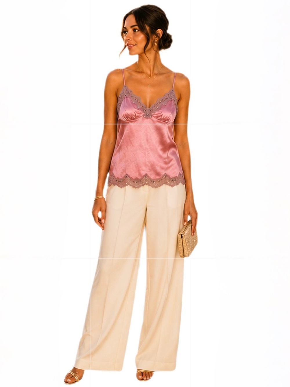 Gold Hawk Cameo Pink Silk Lace Beaded Camisole Size S NWT